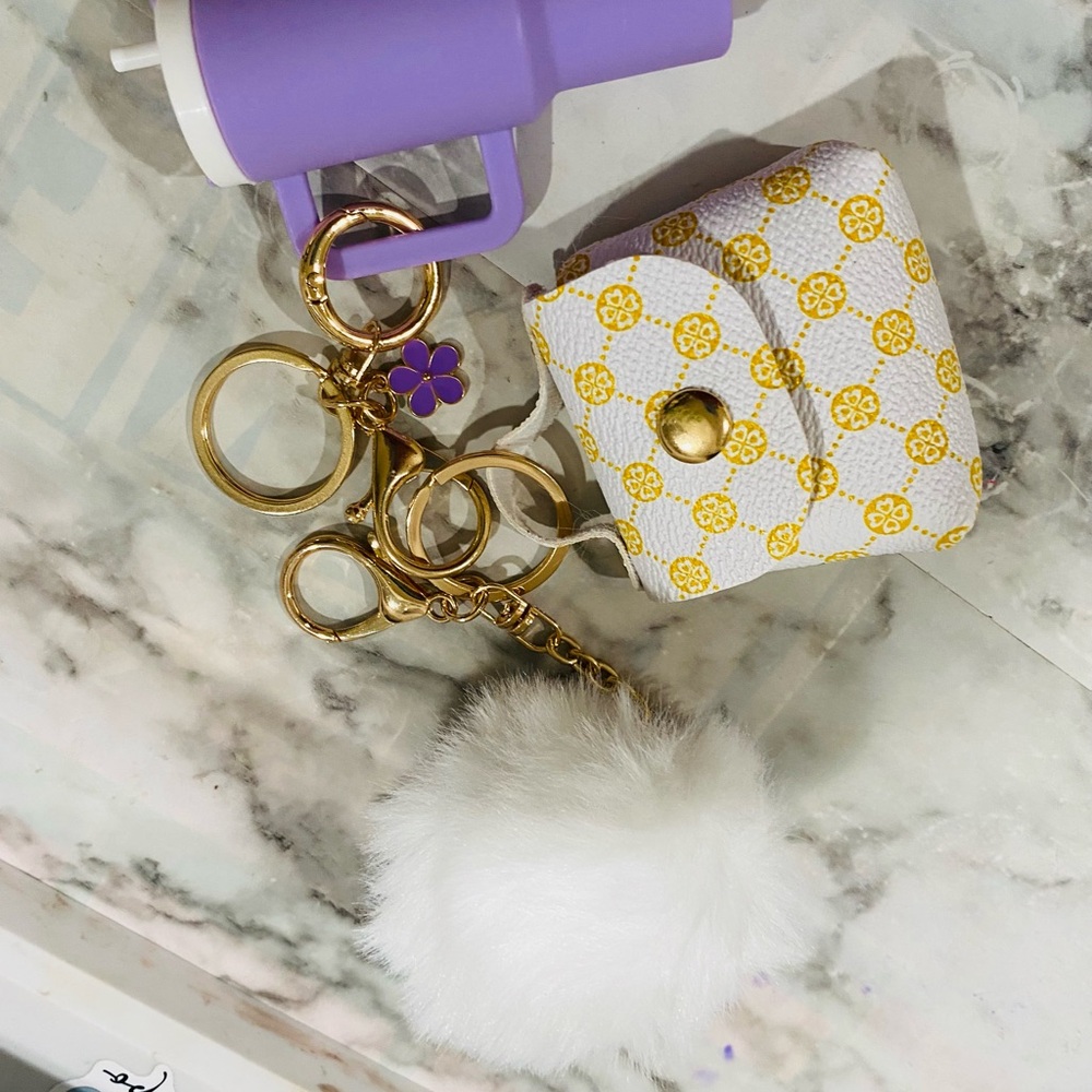 Gold and White Keychain with Pom Pom